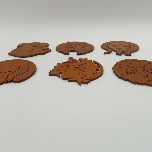 Mugmates Coasters Set 6 Teak Wood Animals from Australia Marked MM - Picture 4 of 8